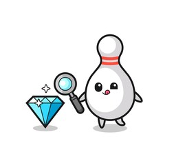 bowling pin mascot is checking the authenticity of a diamond