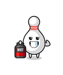 the muscular bowling pin character is holding a protein supplement