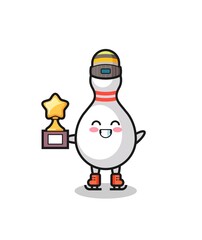 bowling pin cartoon as an ice skating player hold winner trophy