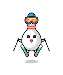 bowling pin mascot character as a ski player