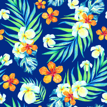 Summer tropical seamless pattern. Floral print with exotic flowers and jungle leaves. Watercolor flowers plumeria, hibiscus, palm branches on a blue background. 