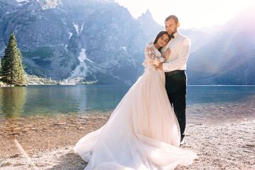 Fototapeta na wymiar Beautiful wedding couple tenderly hug on the background of mount