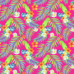 Fototapeta na wymiar Pink summer watercolor print. Exotic birds parrots seamless pattern. Rainforest background. Palm leaves, jungle leaf, tropical flowers illustration.