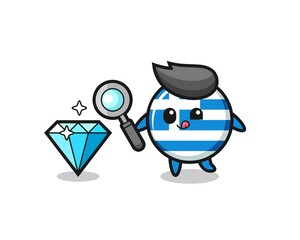 greece flag mascot is checking the authenticity of a diamond