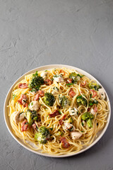 Homemade Chicken Bacon Broccoli Alfredo on a plate on a gray surface, side view. Space for text.