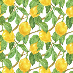 Seamless pattern with lemon fruit and leaves. Citrus. Watercolor illustration. The print is used for Wallpaper design, fabric, textile, packaging.