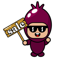 vector cartoon cute mascot character simple Shallot costume holding a wooden sale board
