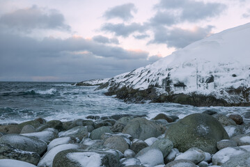 February on the shores of the Barents Sea. Kola Peninsula, Russia