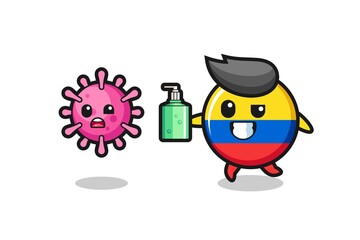 illustration of colombia flag badge character chasing evil virus with hand sanitizer