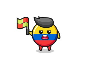 colombia flag badge character as line judge putting the flag up
