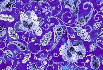Paisley watercolor floral pattern tile: flowers, flores, tulips, leaves. Oriental indian traditional hand painted water color whimsical seamless print, ceramic design. Abstract india batik background