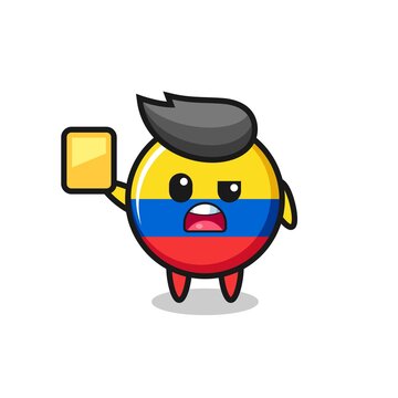 cartoon colombia flag badge character as a football referee giving a yellow card