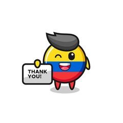 the mascot of the colombia flag badge holding a banner that says thank you