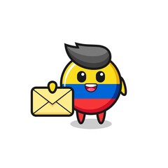 cartoon illustration of colombia flag badge holding a yellow letter