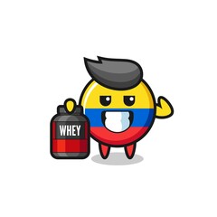 the muscular colombia flag badge character is holding a protein supplement
