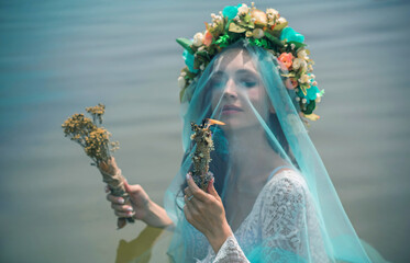 Bride nymph at water, Slavic rituals, pagan magic scene, nature power concept - obrazy, fototapety, plakaty