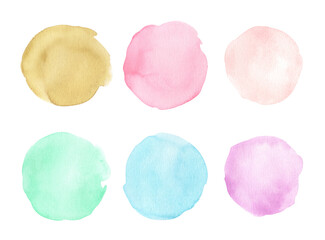 Watercolor hand painted circle shape design elements. Isolated on white background. Round shapes pattern. 