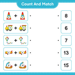 Count and match, count the number of Pyramid Toy, Train, Kite, Plane, Boat and match with the right numbers. Educational children game, printable worksheet, vector illustration