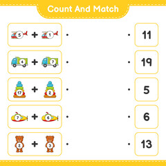 Count and match, count the number of Helicopter, Lorry, Pyramid Toy, Submarine, Teddy Bear and match with the right numbers. Educational children game, printable worksheet, vector illustration
