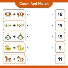 Count and match, count the number of Ufo, Plane, Whirligig Toy, Rubber Duck, Rocking Horse and match with the right numbers. Educational children game, printable worksheet, vector illustration