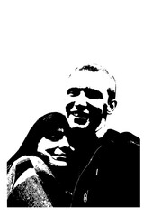 Young heterosexual couple standing in an embrace. A young woman with long dark hair and a young man with short hair. Happy lovers. Vector