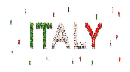 A crowd of people stands in green, white and red robes, making up the word Italy. Italy flag made from people.