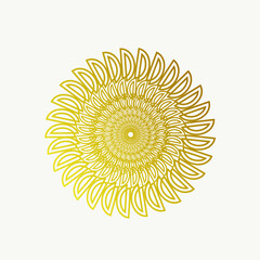 Sunflower logo.Decorative abstract blossom plant icon isolated on light background.Ornamental sign.Bright yellow shapes.Circular emblem.Beauty, spa, floral, natural style.