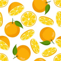 Seamless pattern with Orange fruit and leaves. Flat vector summer citrus digital paper. Food repeat background for textile, web backdrop, fabric, wrapping paper, wallpaper, scrapbooking