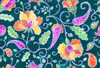 Paisley watercolor floral pattern tile: flowers, flores, tulips, leaves. Oriental indian traditional hand painted water color whimsical seamless print, ceramic design. Abstract india batik background