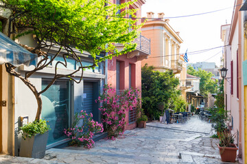 Old narrow street in Anafiotika, Plaka district, Athens, Greece.
