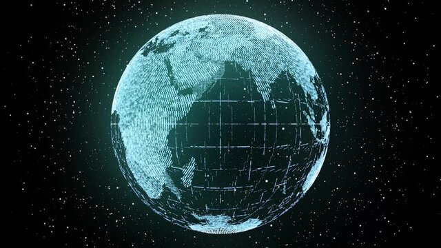 ホログラム、デジタルの地球。粒子の未来的なサイバー背景
