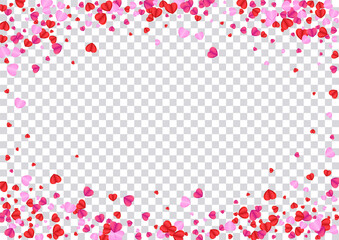 Tender Confetti Background Transparent Vector. Random Frame Heart. Red Cut Texture. Fond Confetti Elegant Backdrop. Pink Decor Illustration.