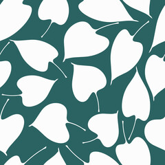 Seamless pattern with white hand drawn leaves on a green background. The pattern can be used for wrapping papers, invitation cards, wallpapers, covers, textile prints. Vector illustration, eps 10.