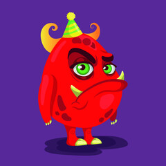 Cute cartoon monster. Birthday vector red monster.
