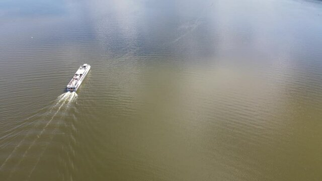 Top view of cruise ships on the Necko lake.Landscape from a drone on lakes Necko and Rospuda