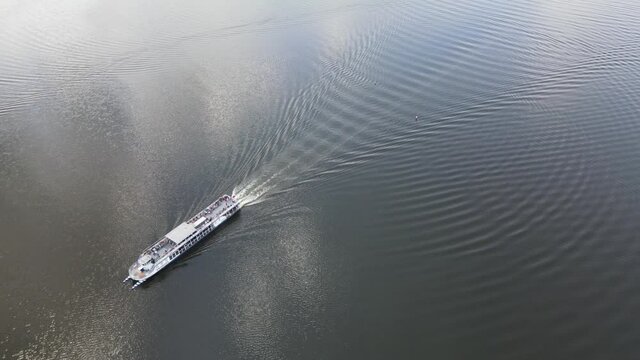Top view of cruise ships on the Necko lake.Landscape from a drone on lakes Necko and Rospuda