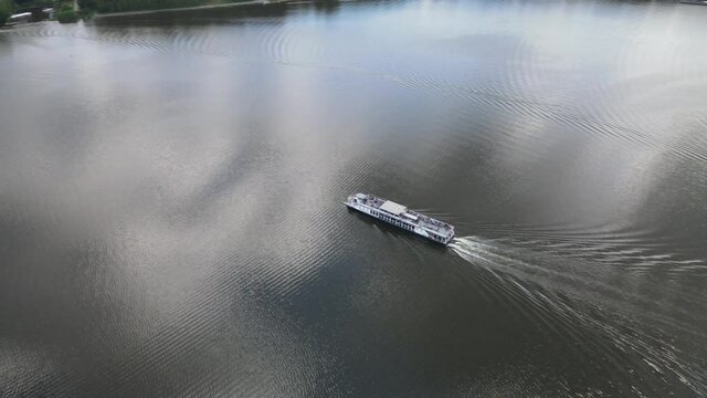Top view of cruise ships on the Necko lake.Landscape from a drone on lakes Necko and Rospuda