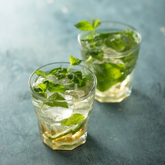 Traditional refreshing Mojito cocktail with fresh mint