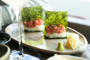 Open tuna roll with pickled ginger and wasabi