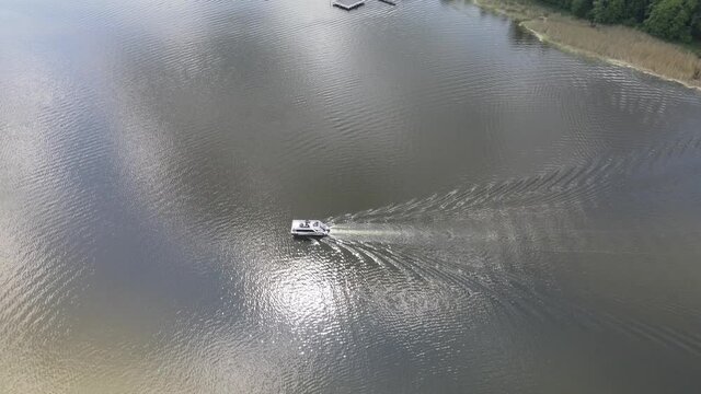 Top view of cruise ships on the Necko lake.Landscape from a drone on lakes Necko and Rospuda