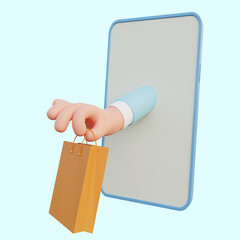 3d illustration hand holding shopping bag out from smartphone