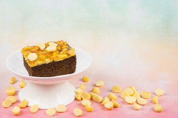 Toffee chocolate cake slice on high plate at left side of frame surrounding nut seeds on colorful background for dessert break