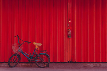An old weathered bicycle and a white cat in front of a red shutter closed shop.