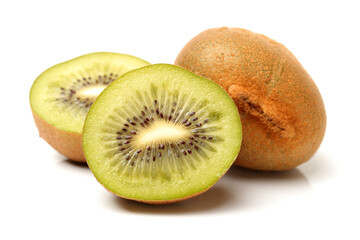 Whole and cut golden kiwifruit/ kiwi (Actinidia chinensis) on white background
