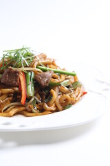 stir fried Japanese udon noodle mee in black pepper sauce with wagyu beef meat asian halal menu