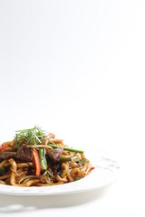 stir fried Japanese udon noodle mee in black pepper sauce with wagyu beef meat asian halal menu
