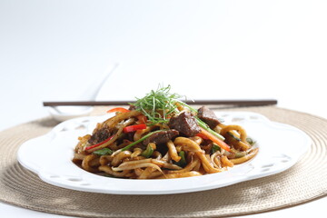stir fried Japanese udon noodle mee in black pepper sauce with wagyu beef meat asian halal menu