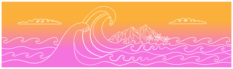 Big waves. Tropical sunset sea view with an island. Minimalist style.