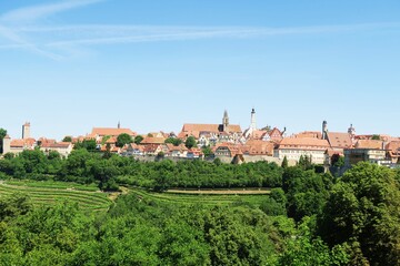 The panorama of vineyards and red tiled roof houses in Rothenburgob der Tauber