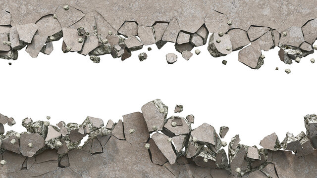 Concrete wall is broken up into the pieces, a horizontal breakdown on a white background, 3d illustration